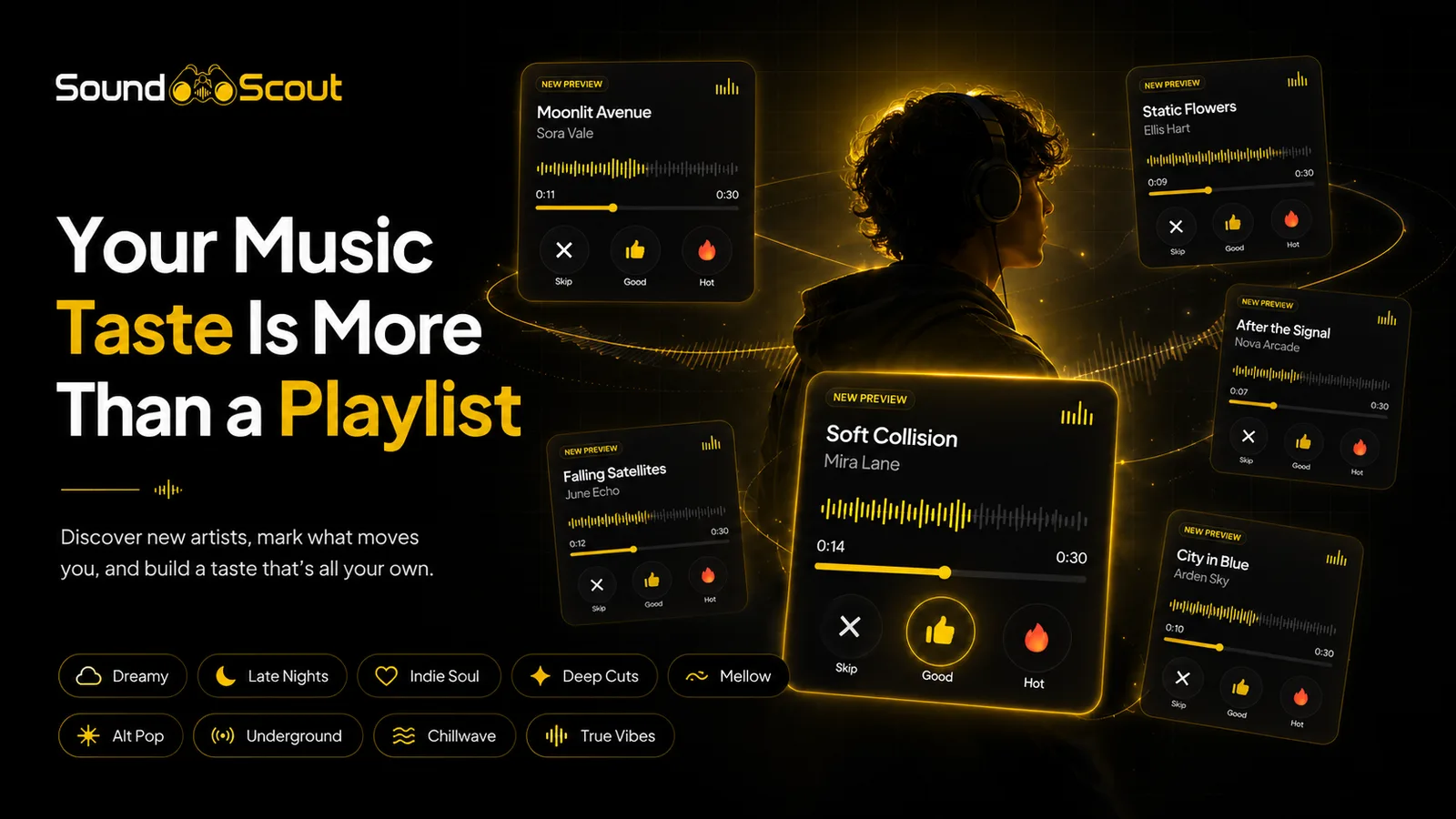 Music listener discovering new artists and building their personal music taste with SoundScout
