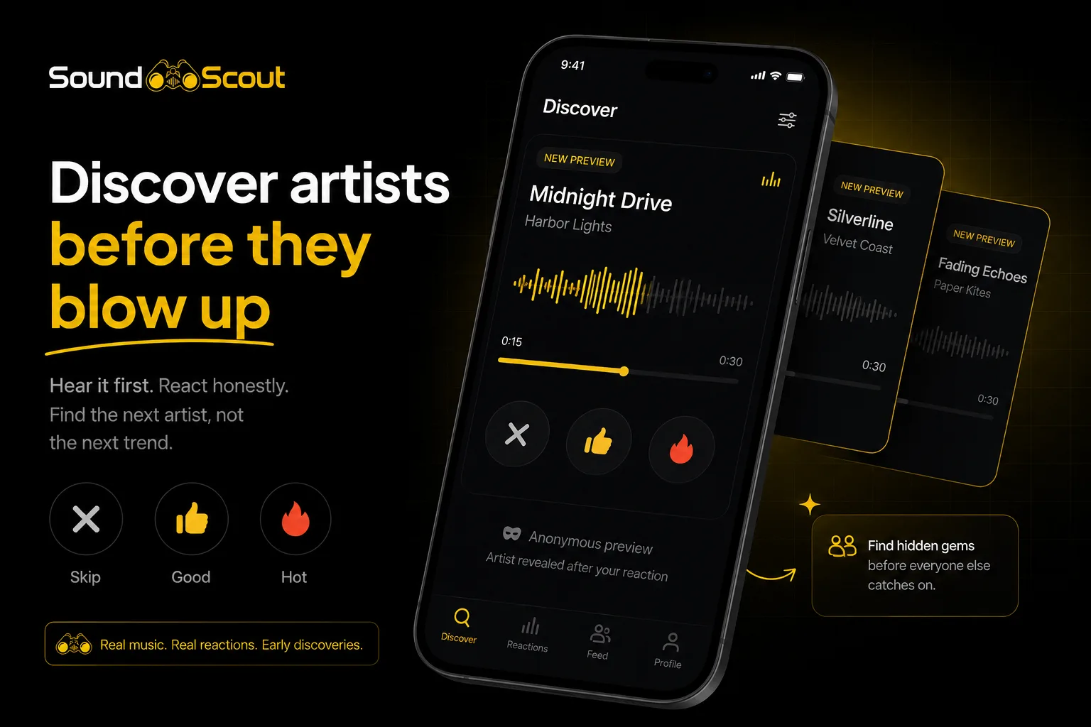 A smartphone showing anonymous music discovery cards representing finding new artists before they become popular.